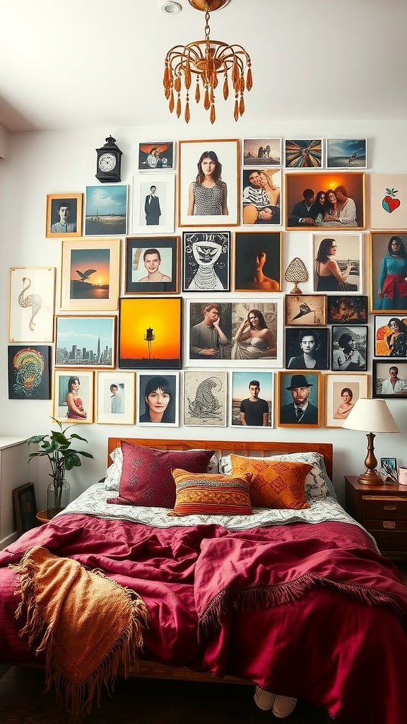 Eclectic gallery wall with a variety of framed artworks and photographs above a bed.