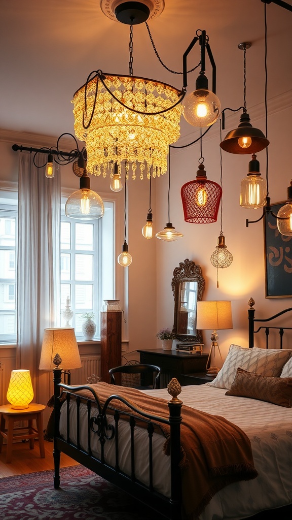 A beautifully decorated bedroom with various eclectic lighting fixtures including a chandelier and unique lamps.