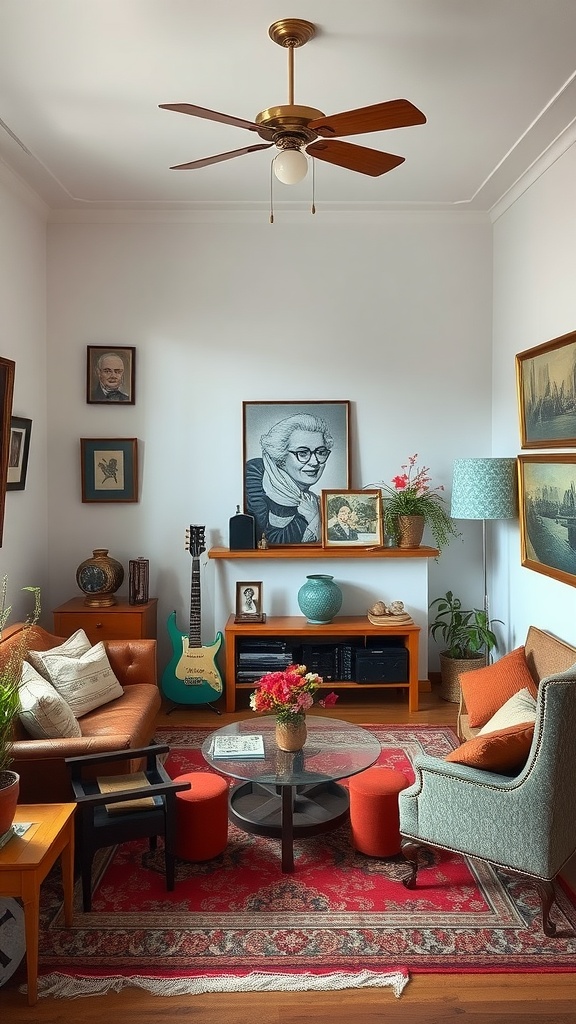 A cozy and vibrant eclectic living room featuring various furniture styles and decorations.