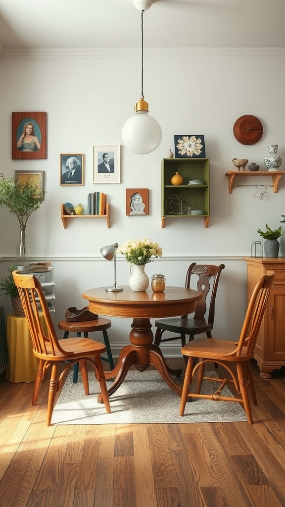 A small kitchen table surrounded by an eclectic mix of chairs, showcasing a cozy and inviting atmosphere.