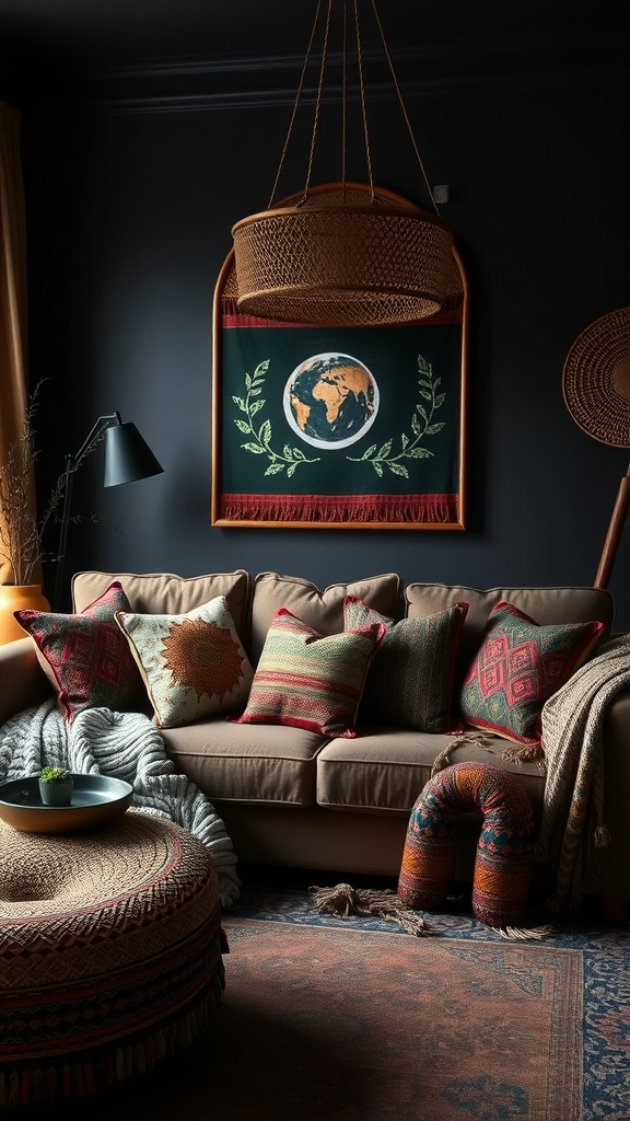A cozy living room with eclectic textiles including throw pillows, a blanket, and a decorative rug.