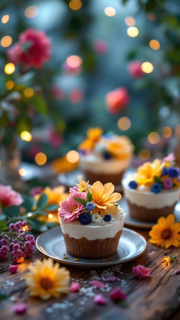 Cupcakes with colorful edible floral garnishes on a rustic wooden table.