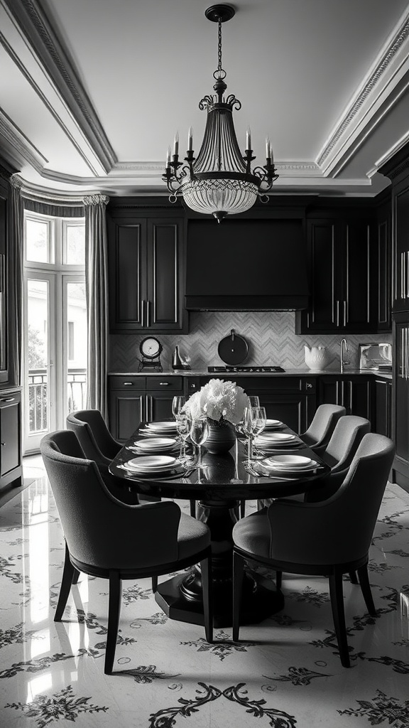 A stylish black and white dining set featuring a round table, plush chairs, and elegant decor