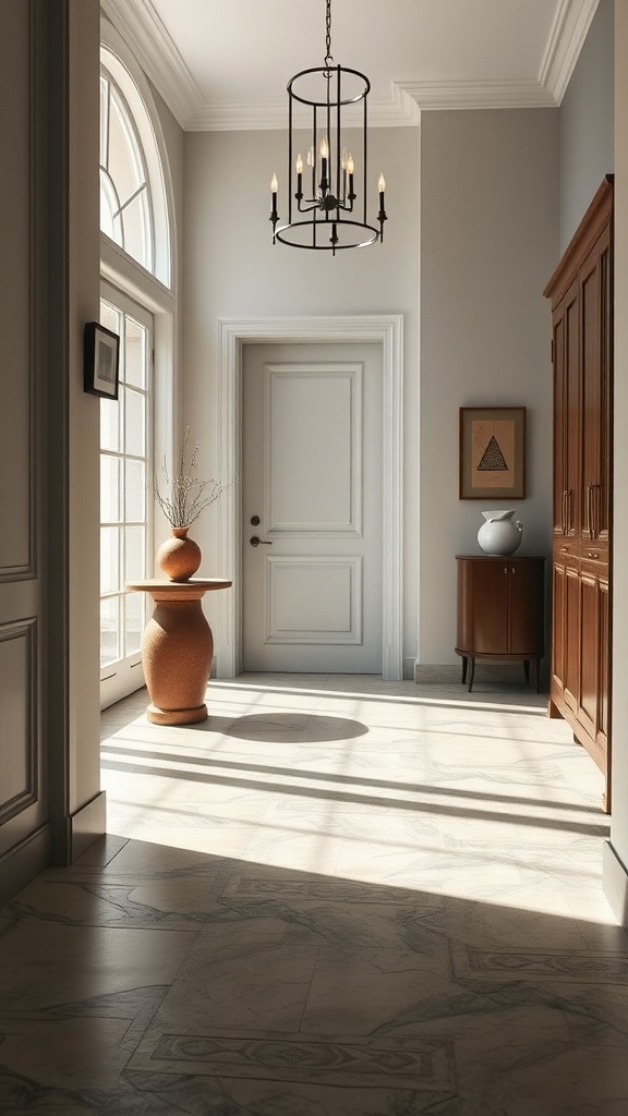 A minimalist entryway featuring elegant stone flooring, natural light, and stylish decor.