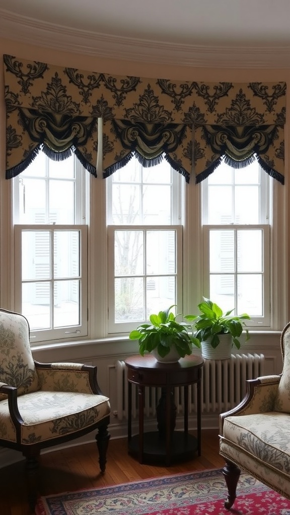 Elegant window treatments with classic patterns in a colonial home setting