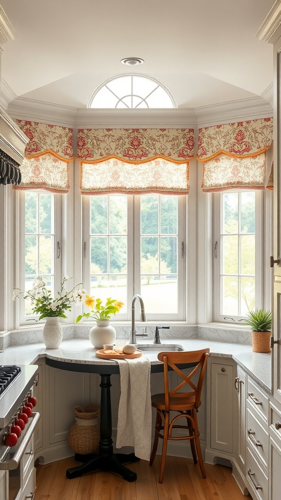 Cottage kitchen with elegant window treatments and cozy decor.