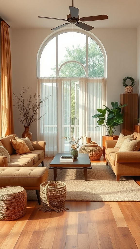 Cozy living room with earthy tones, featuring brown sofas, wooden furniture, and natural decor.