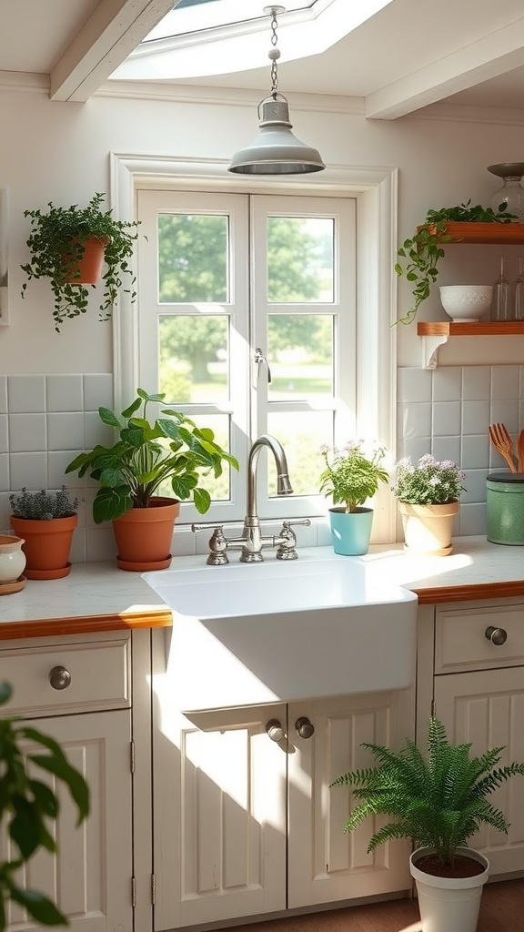 Bright kitchen featuring a farmhouse sink with plants and natural light.