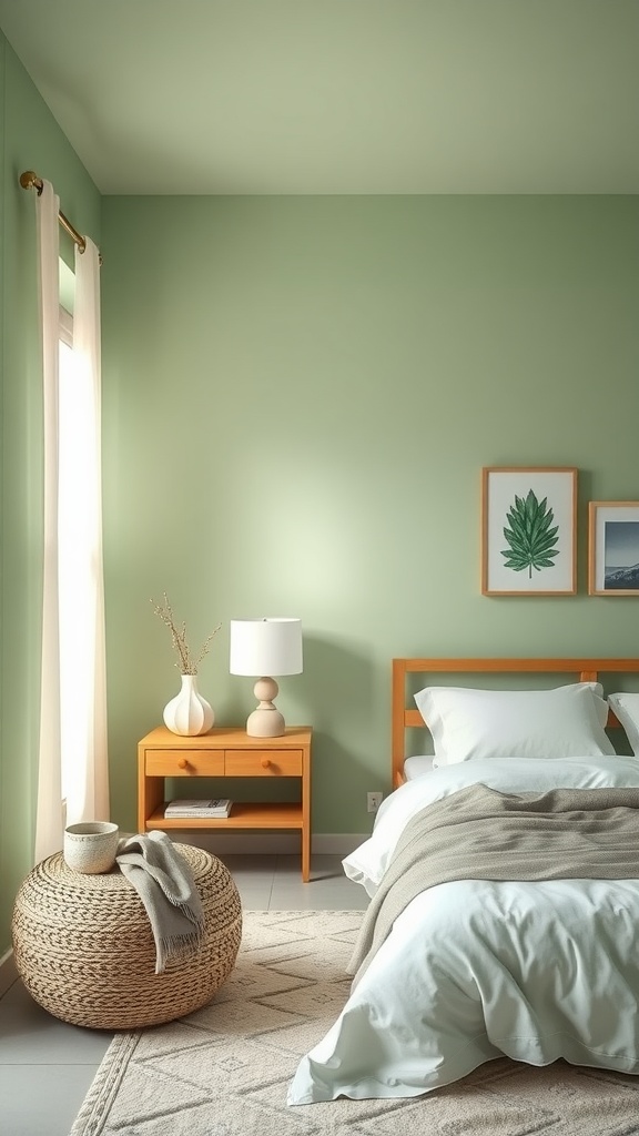 Cozy bedroom with sage green walls and rattan accents