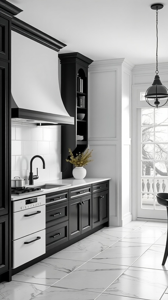 A modern black and white kitchen showcasing architectural details with contrasting cabinetry and sleek countertops.