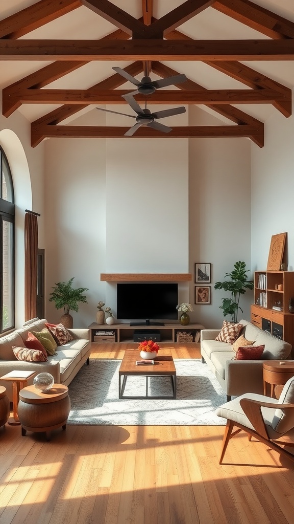 A spacious living room with wooden beams, large windows, and stylish furniture.