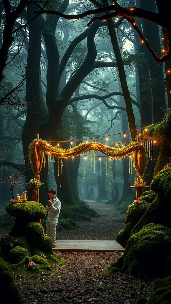 A romantic wedding setup in an enchanted forest, featuring moss-covered stones and twinkling lights.