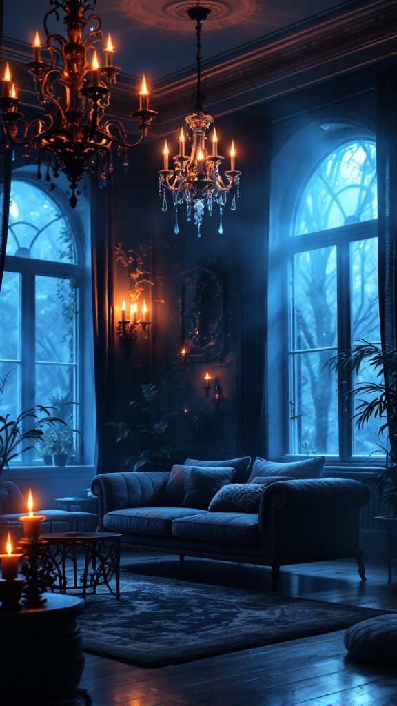 A cozy living room featuring elegant chandeliers and warm candlelight, creating a mystical vibe.