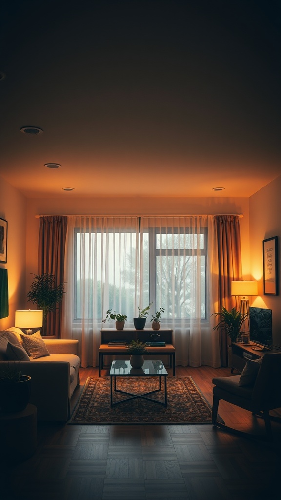 A cozy living room with warm ambient lighting, featuring plants and comfortable seating.
