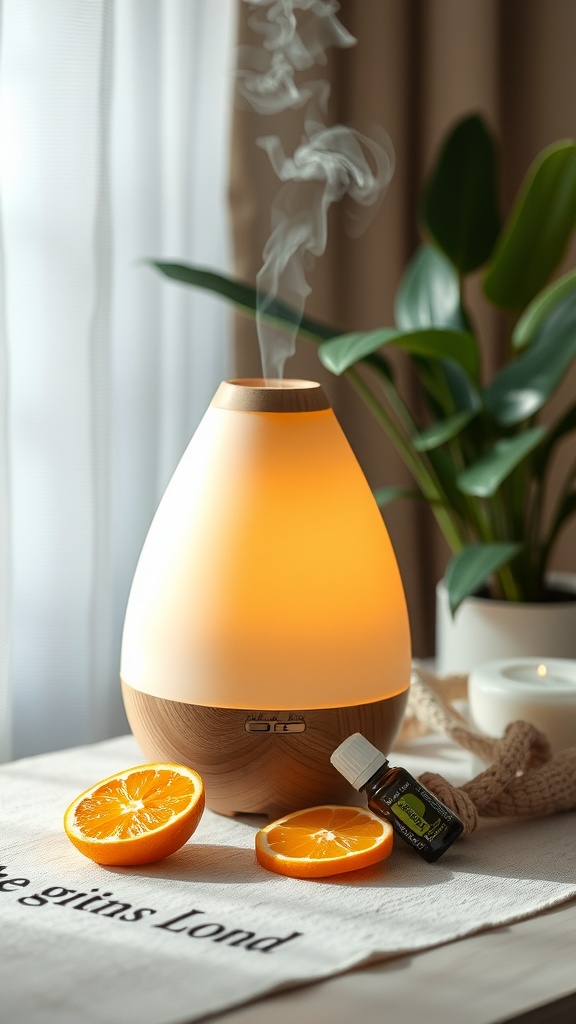 An essential oil diffuser with citrus scents, surrounded by orange slices and a small bottle of essential oil.