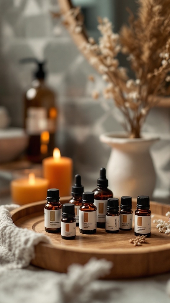 A wooden tray with various essential oil bottles, candles, and decorative elements.