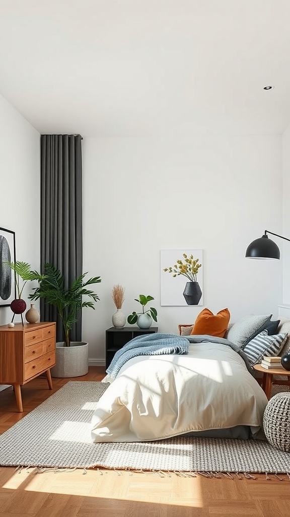 Eclectic bedroom decor featuring a mix of shapes and textures