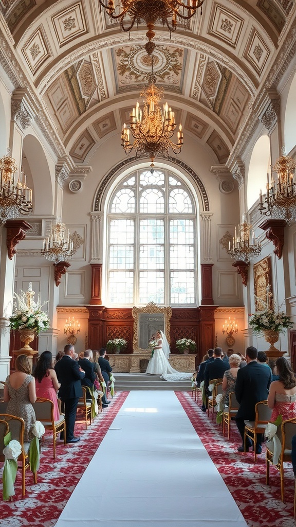 A wedding ceremony inside a beautiful castle with elegant decor and a bride and groom standing in front of guests.