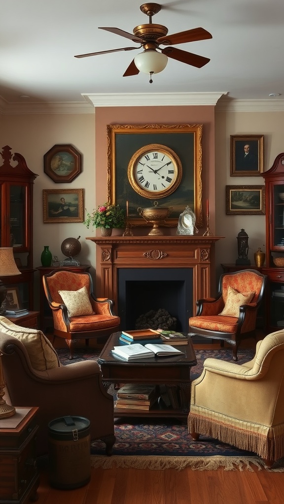 A cozy living room with family heirlooms including a vintage clock and framed portraits.