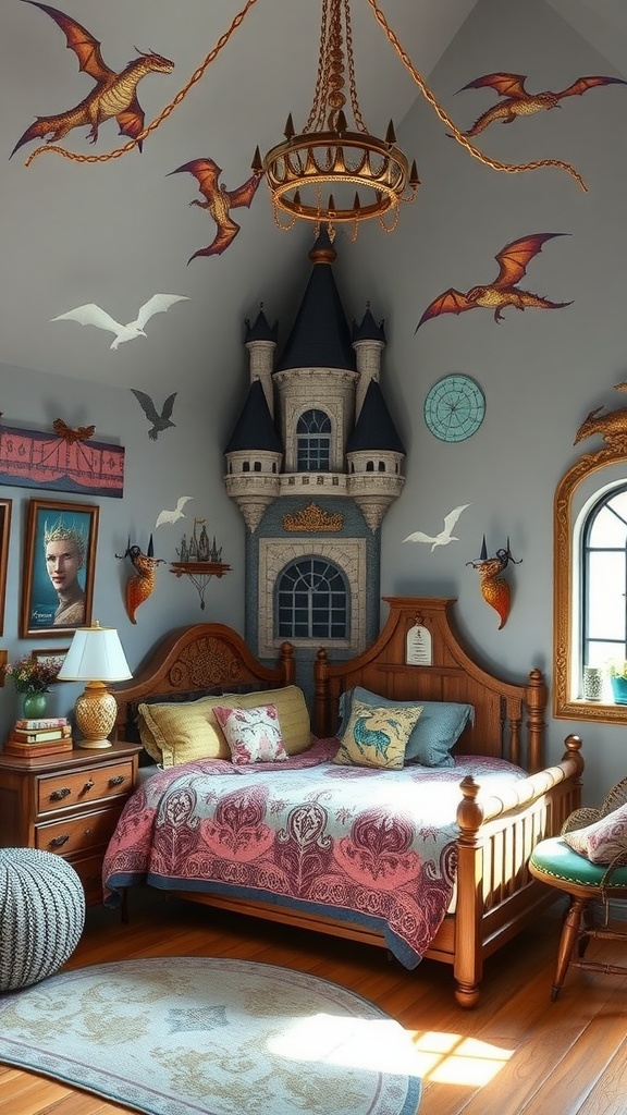 A whimsical bedroom design featuring castle decor, dragon wall art, and cozy bedding.