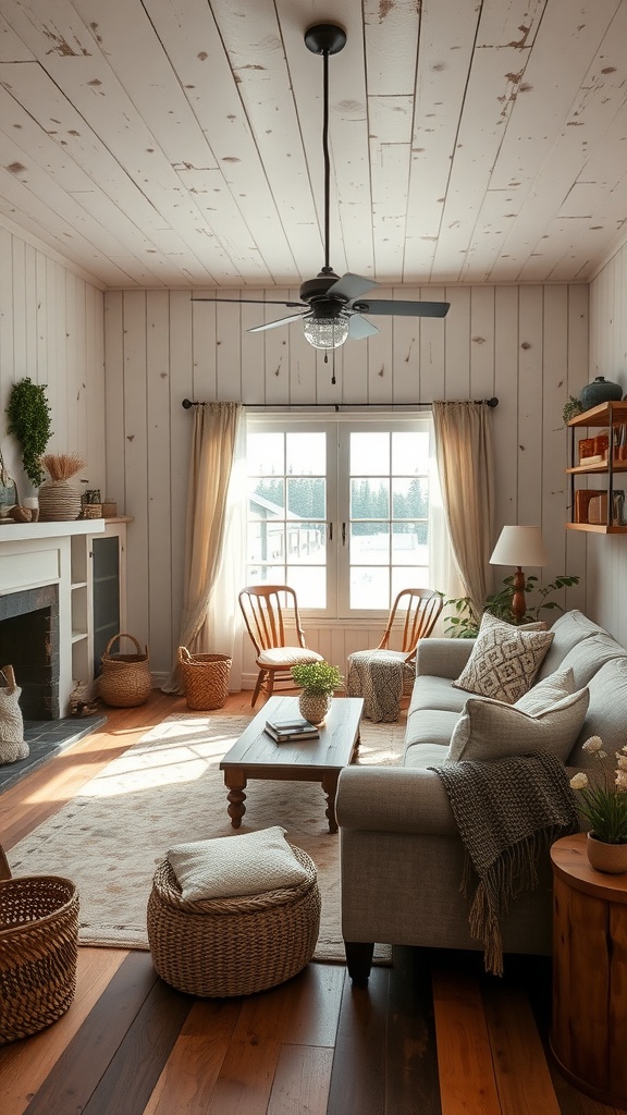 A cozy farmhouse-style small living room with a light wooden ceiling, a grey sofa, wooden accents, and natural light.