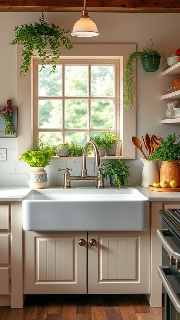 A cozy kitchen featuring a farmhouse sink, plants, and natural light.