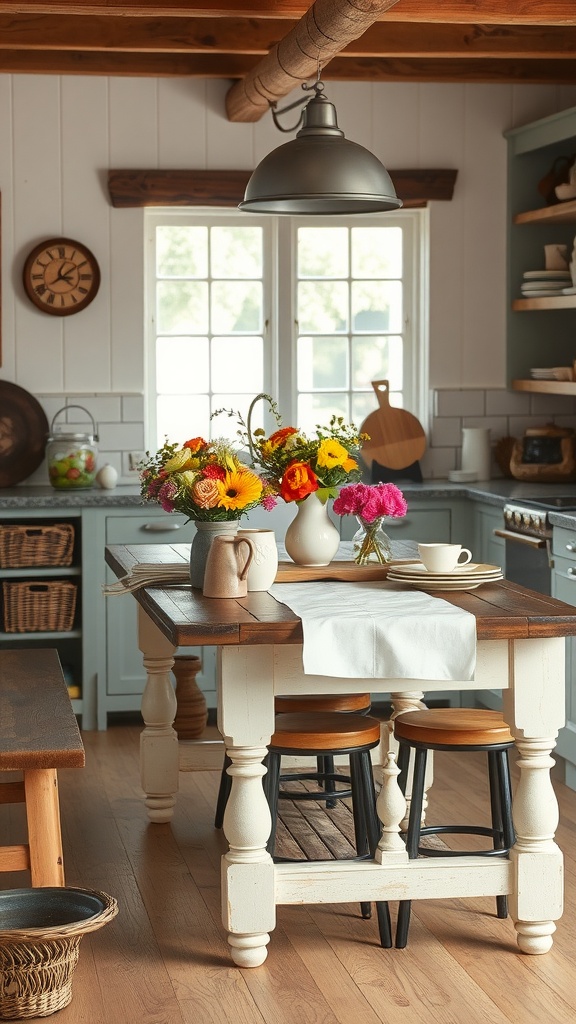 A cozy farmhouse style kitchen table with flowers and simple decor.