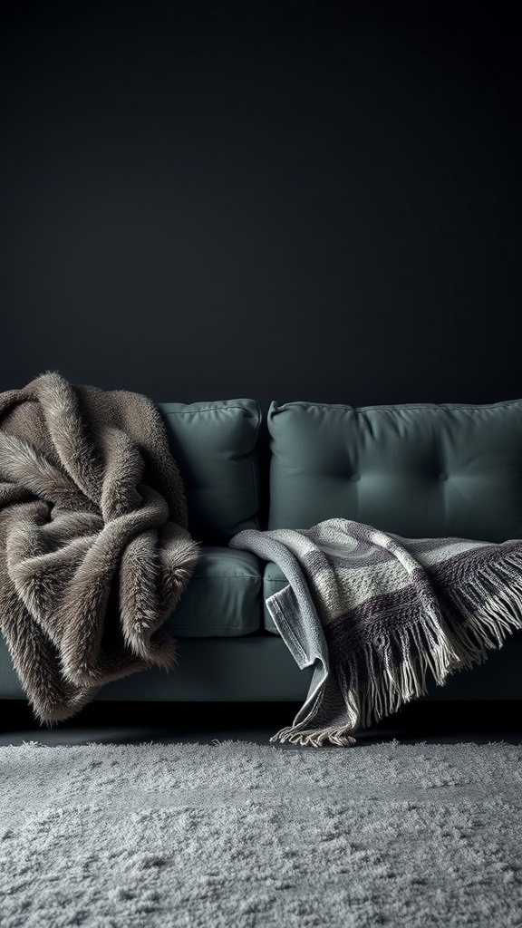 A cozy living room scene featuring a teal sofa adorned with faux fur and textured throws.