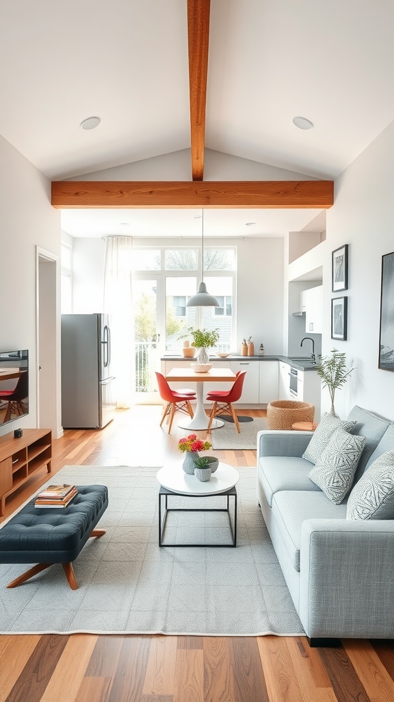 A small living room kitchen combination featuring a cozy couch, dining table, and modern decor.