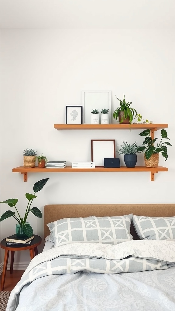 A cozy boho bedroom featuring floating shelves adorned with plants and framed art above a neatly made bed.