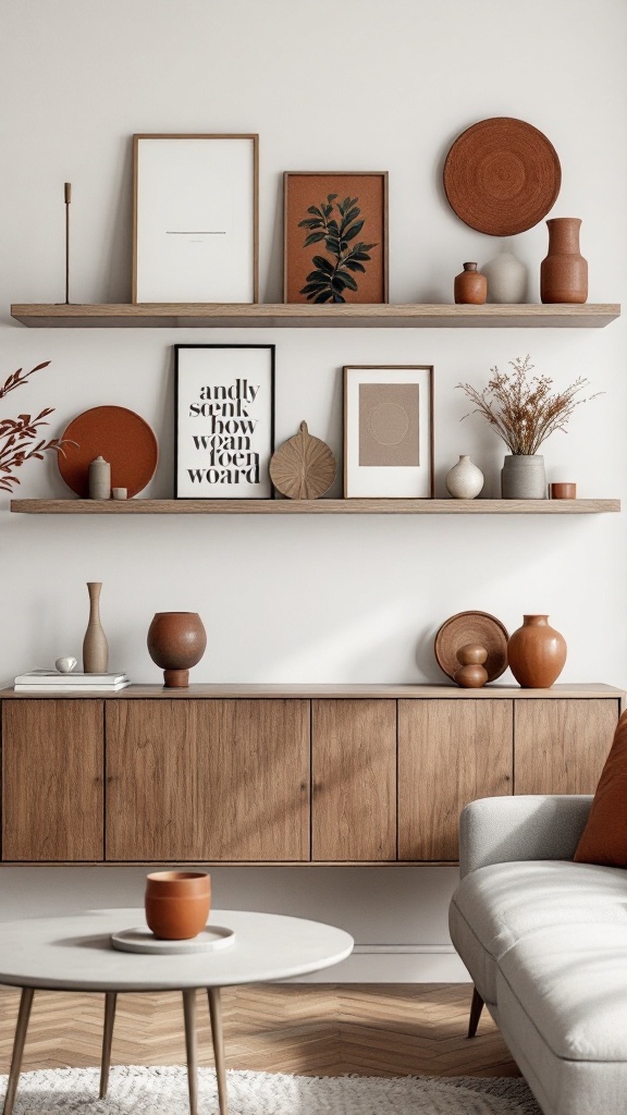 Floating shelves displaying art and decor in a black and rust living room