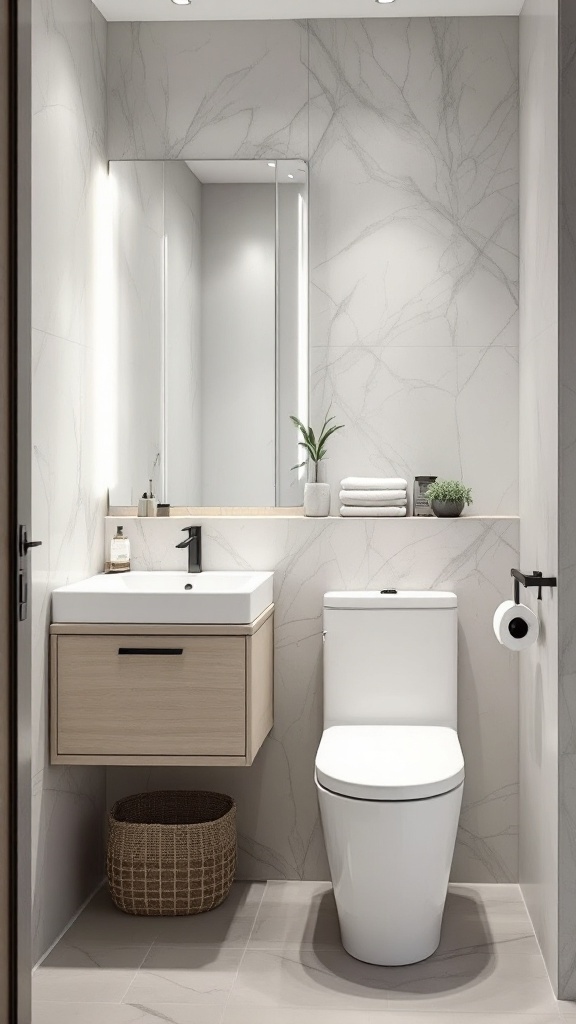 Modern floating vanity in a small bathroom setting.