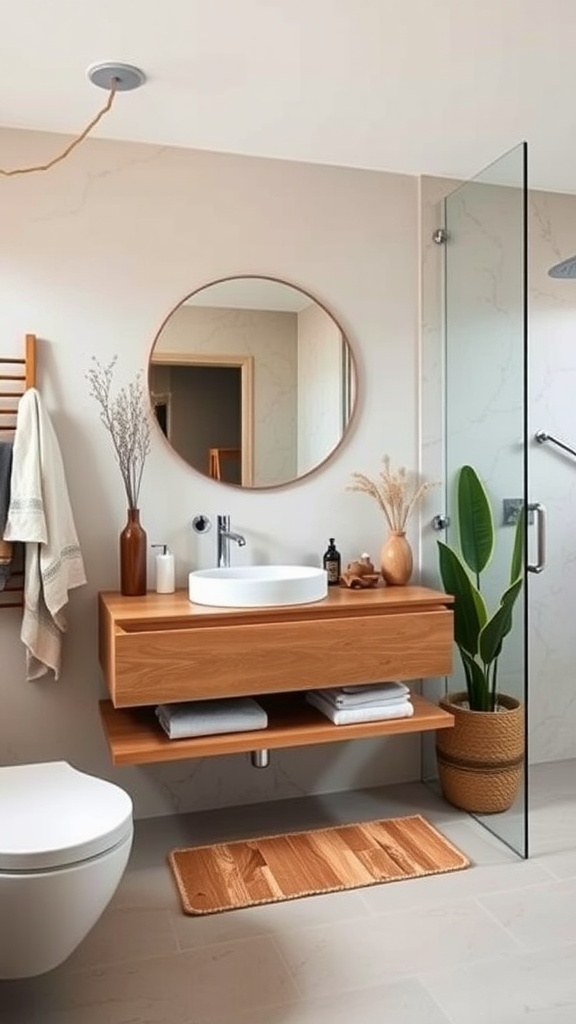 A modern bathroom featuring a floating wooden vanity with a round sink, surrounded by bright lighting and elegant decor.