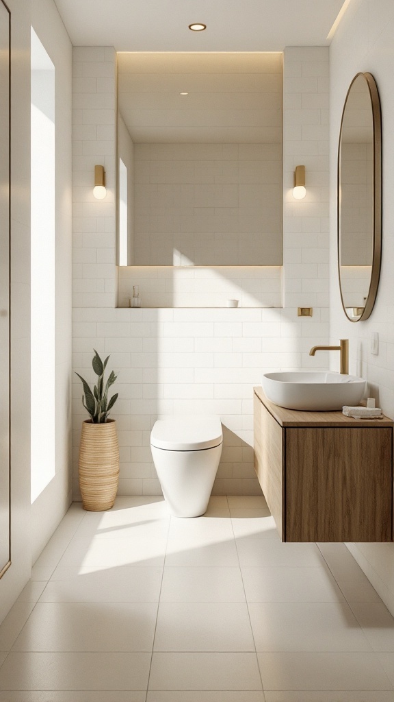 Modern small downstairs toilet with light flooring and wooden accents.