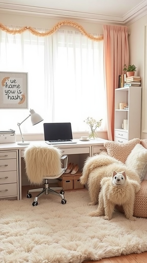 Cozy office space with fluffy textiles and a warm atmosphere.