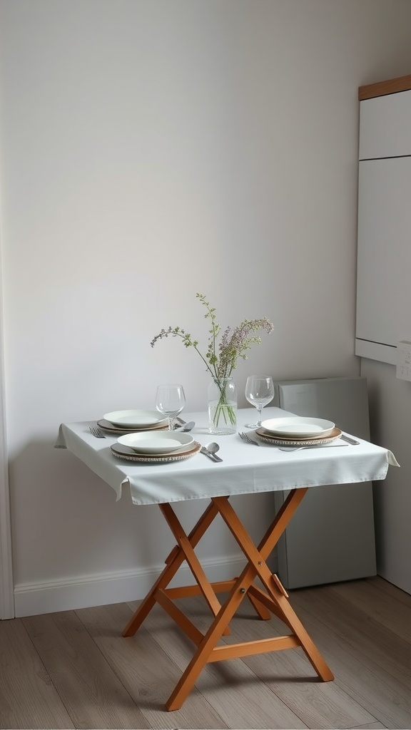 Foldable dining table with elegant setting in a small kitchen.