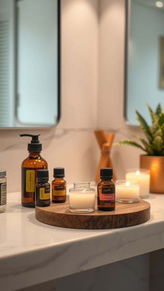 A wooden tray with essential oils and candles on a bathroom counter.