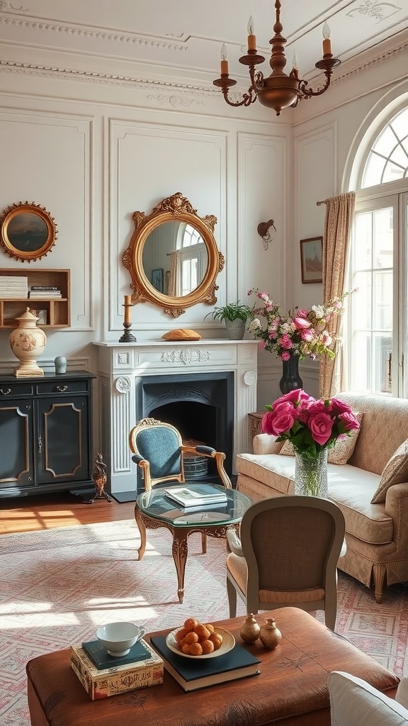 A cozy French Country living room with elegant furnishings, soft colors, and fresh flowers.