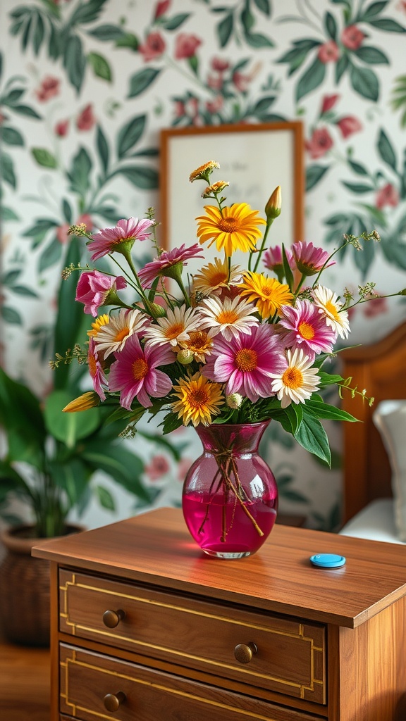 A vibrant vase of fresh flowers on a bedside table in a botanical-themed bedroom.