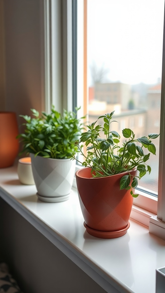 Decorative pots with fresh herbs on a windowsill