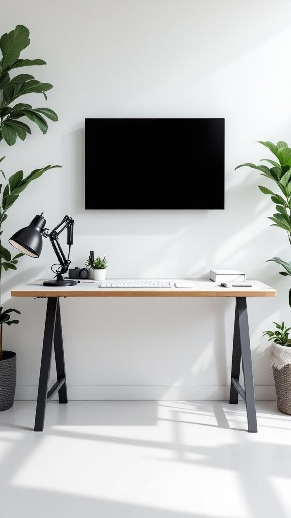 A minimalistic office setup with a desk, lamp, keyboard, and plants.