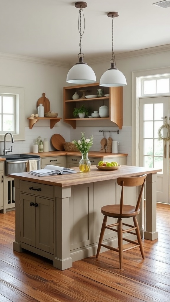 Cozy cottage kitchen with a stylish island and wooden accents.