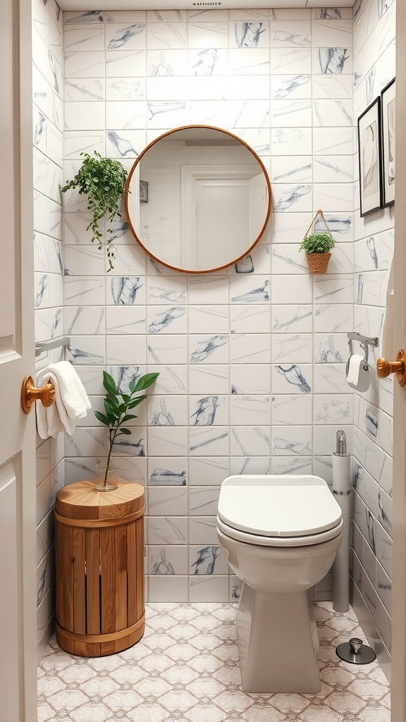 A decorative floral waste bin in a small toilet space, enhancing the decor.