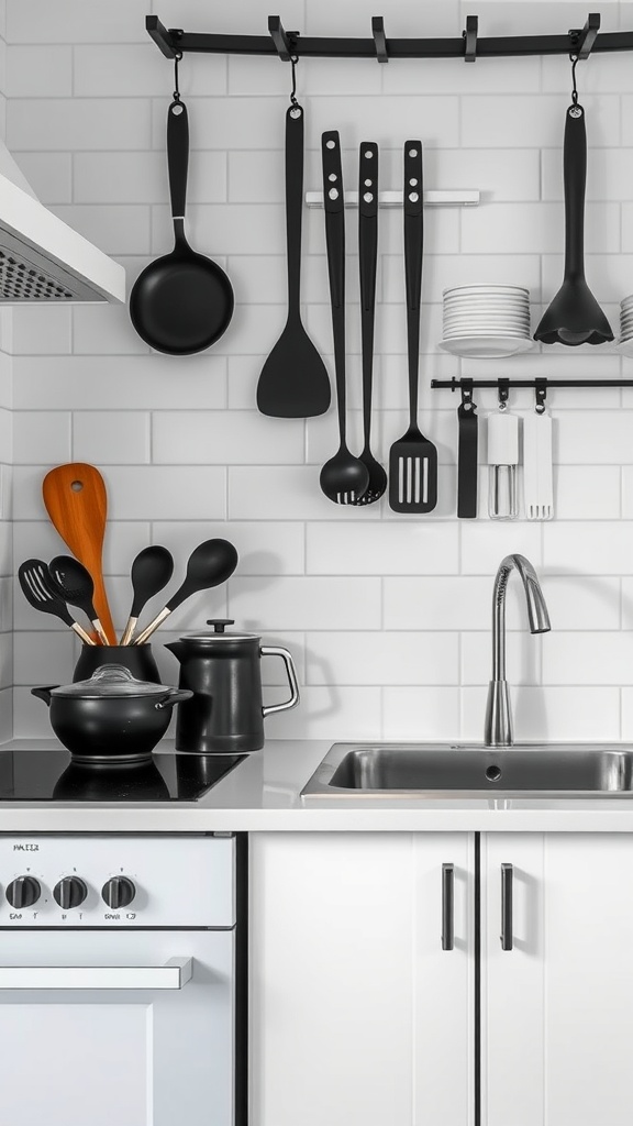 A stylish black and white kitchen with hanging utensils and cookware.