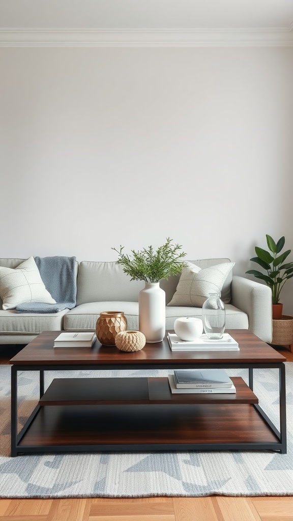 A modern living room featuring a stylish coffee table with storage, surrounded by a cozy sofa and decorative items.
