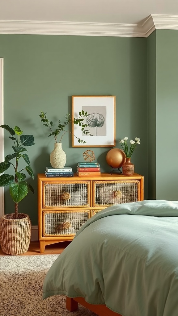 A functional dresser with rattan features in a sage green bedroom, styled with decor and plants.