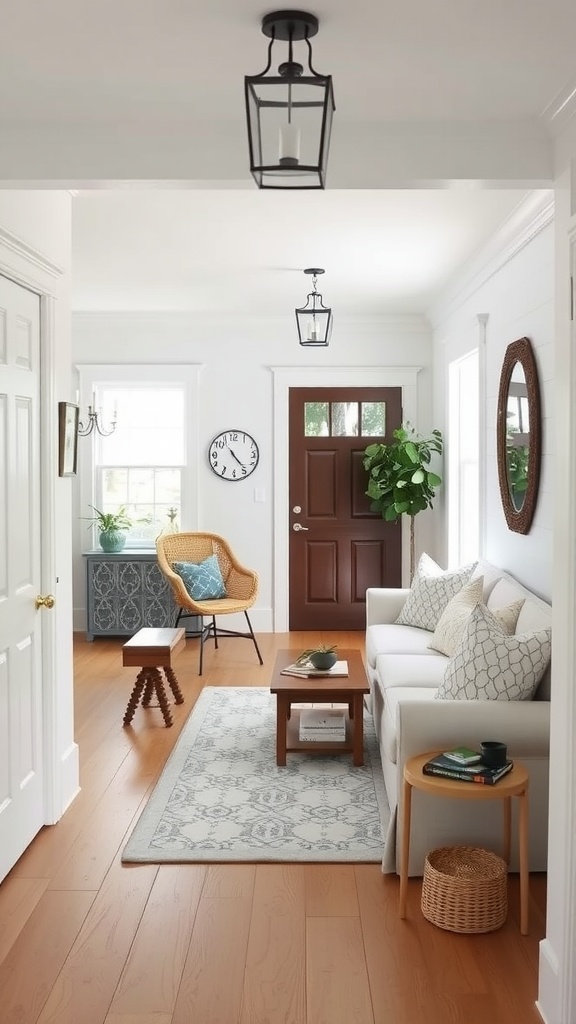 A bright entryway with a cozy bench, decorative baskets, and plants.