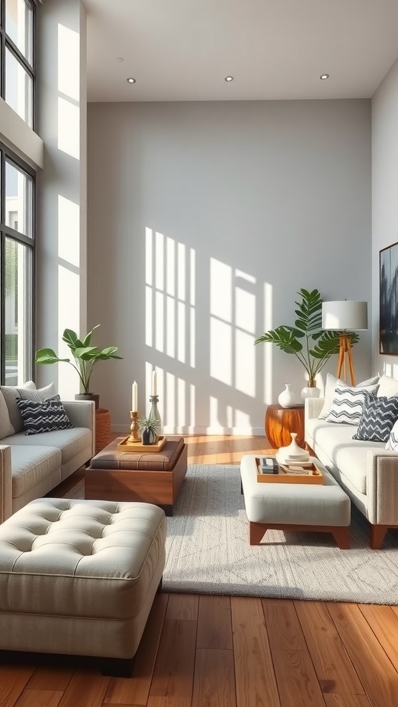 A bright coastal cottage living room featuring comfortable seating, a coffee table, and decorative plants.