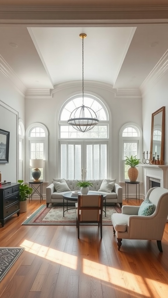 Bright living room with large windows, comfortable seating, and a stylish chandelier.