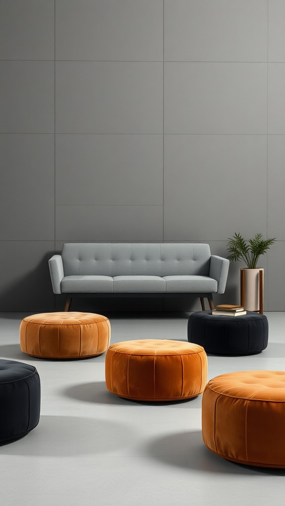 A stylish living room featuring a grey sofa and colorful poufs.